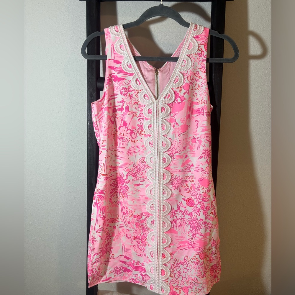 Lilly Pulitzer Pink and White Mini Dress with Scalloped Lace